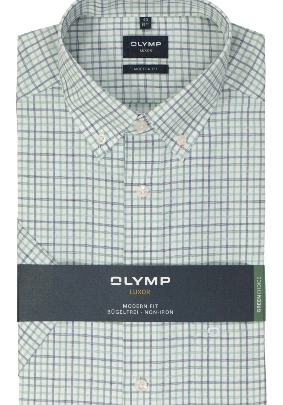 OLYMP modern fit overhemd, korte mouw, popeline, groen geruit