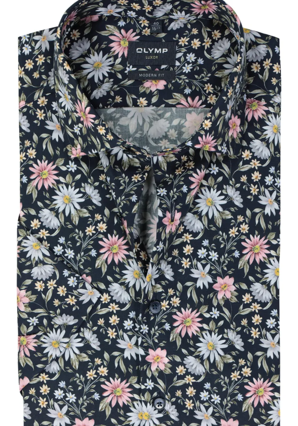OLYMP modern fit overhemd, korte mouw, popeline, marine blauw dessin