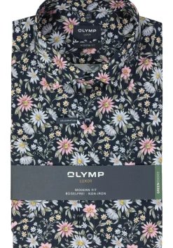 OLYMP modern fit overhemd, korte mouw, popeline, marine blauw dessin