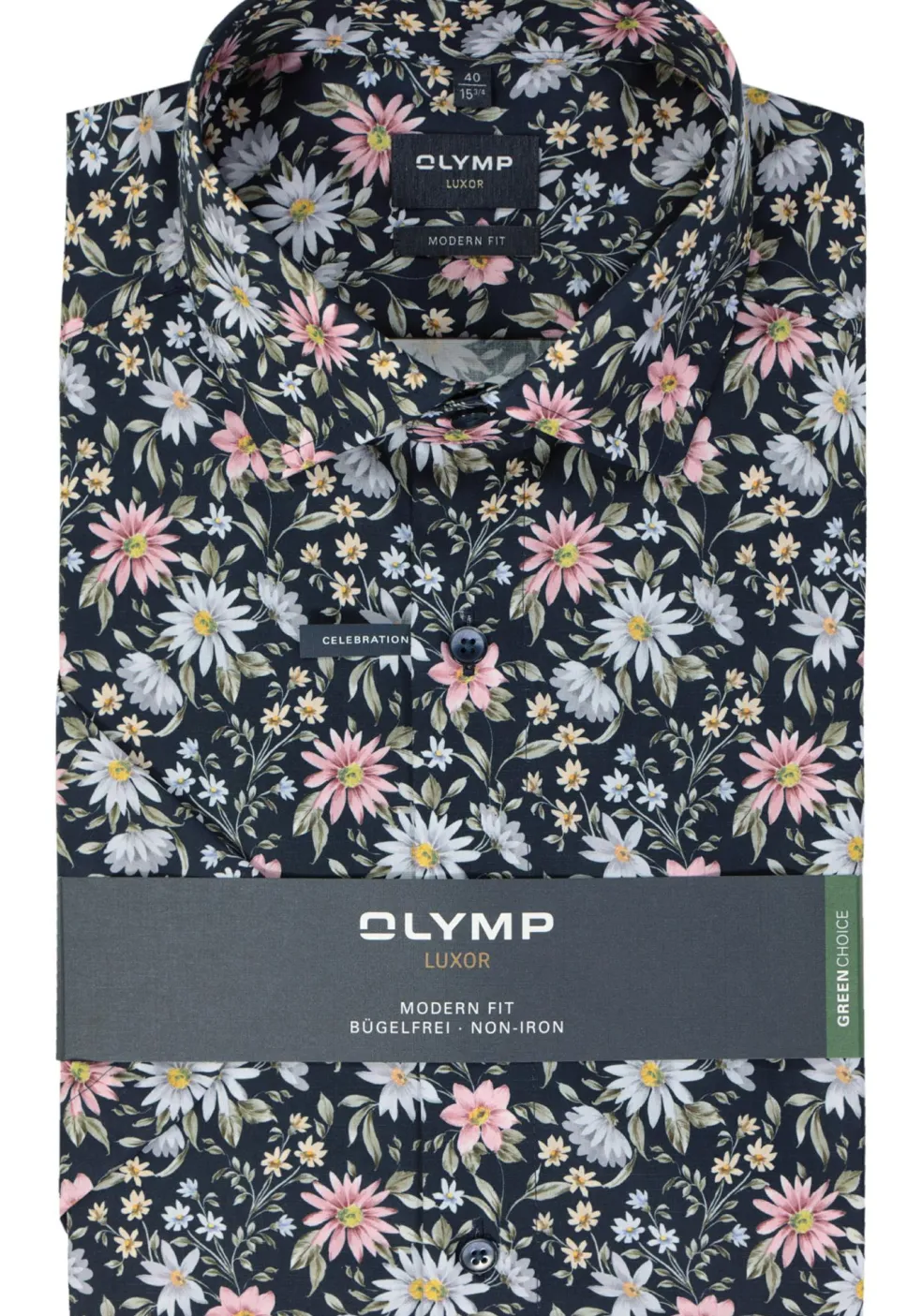 OLYMP modern fit overhemd, korte mouw, popeline, marine blauw dessin