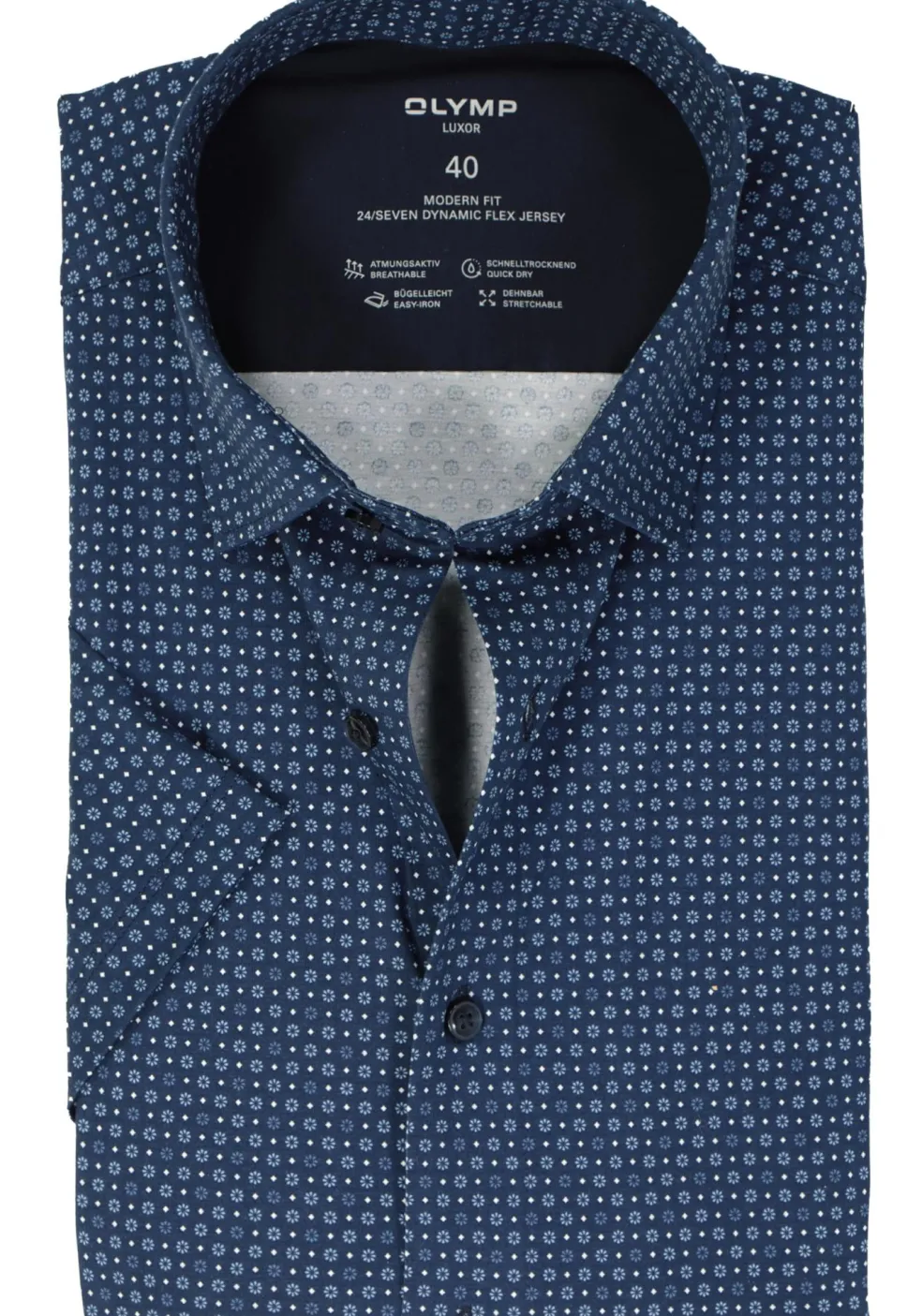 OLYMP 24/7 modern fit overhemd, korte mouw, tricot, marine blauw dessin
