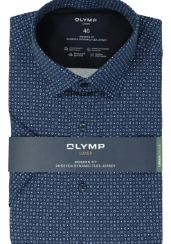 OLYMP 24/7 modern fit overhemd, korte mouw, tricot, marine blauw dessin