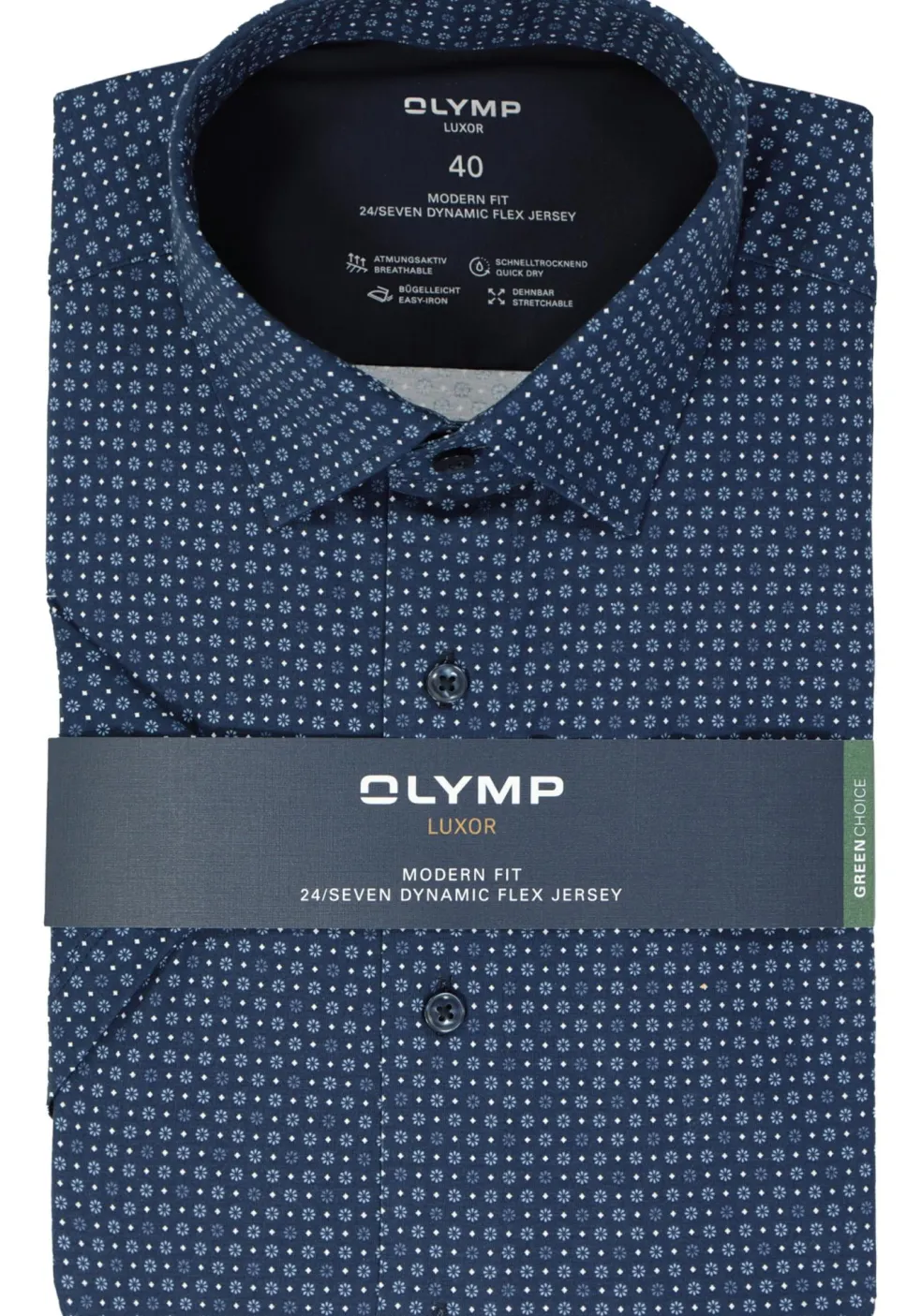 OLYMP 24/7 modern fit overhemd, korte mouw, tricot, marine blauw dessin