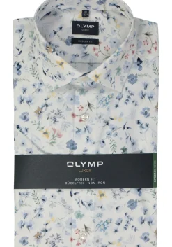 OLYMP modern fit overhemd, korte mouw, popeline, wit dessin