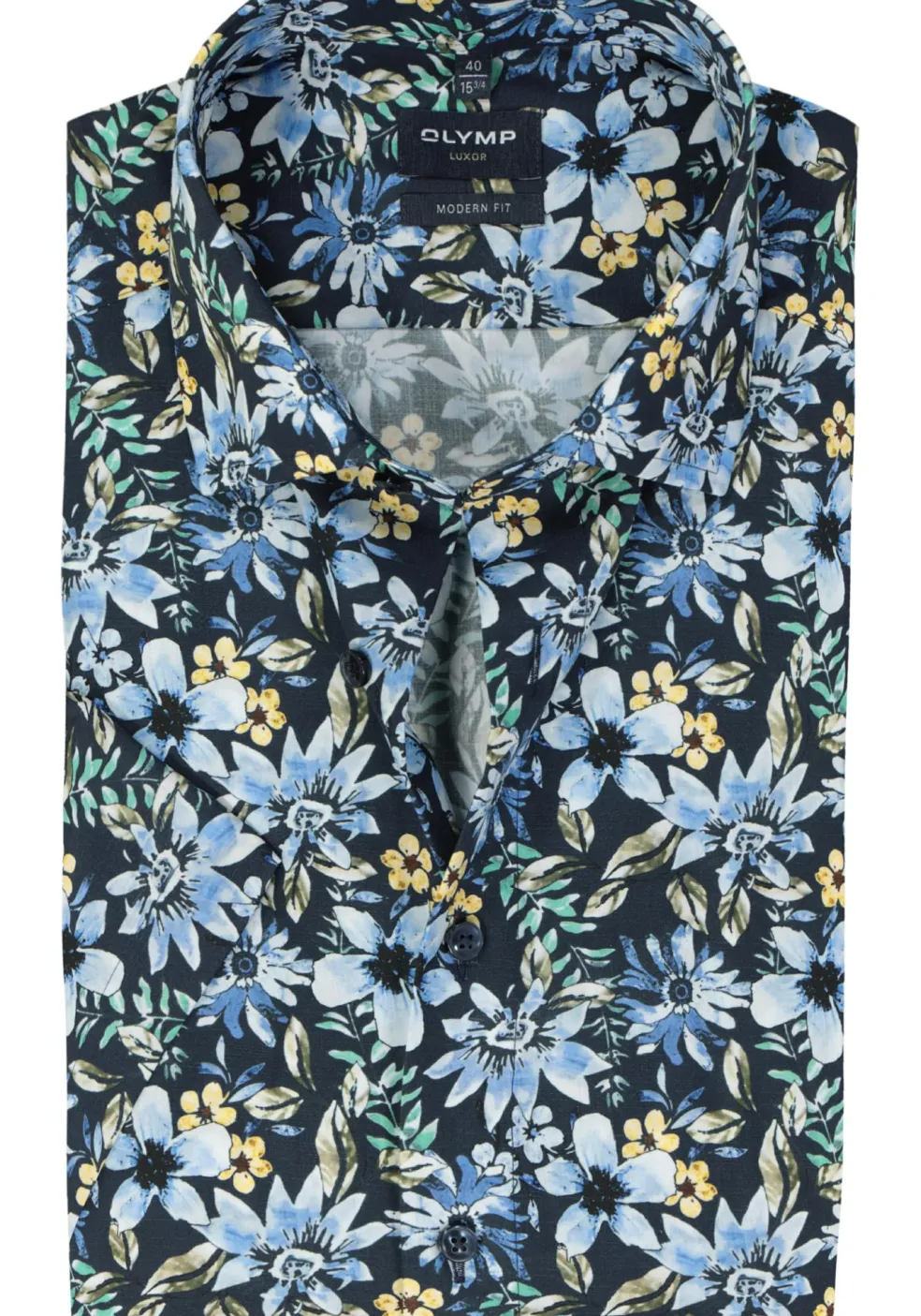 OLYMP modern fit overhemd, korte mouw, popeline, donkerblauw met groen, geel en lichtblauw bloemen dessin