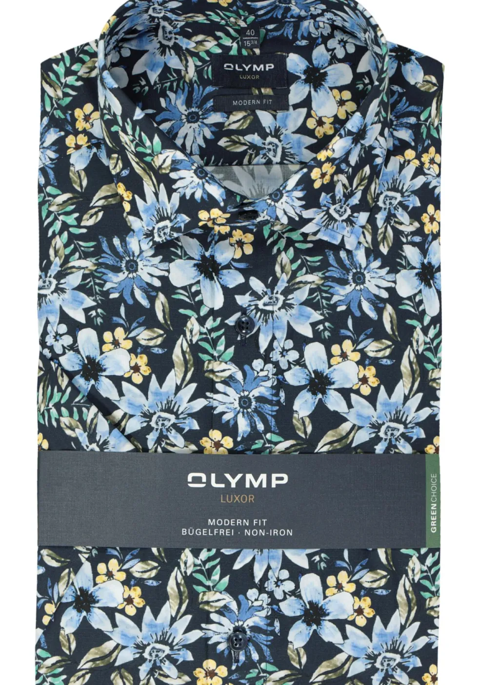 OLYMP modern fit overhemd, korte mouw, popeline, donkerblauw met groen, geel en lichtblauw bloemen dessin