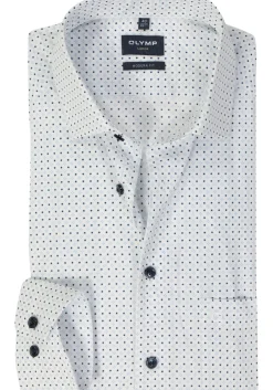 OLYMP modern fit overhemd, mouwlengte 7, popeline, wit met licht- en donkerblauw dessin