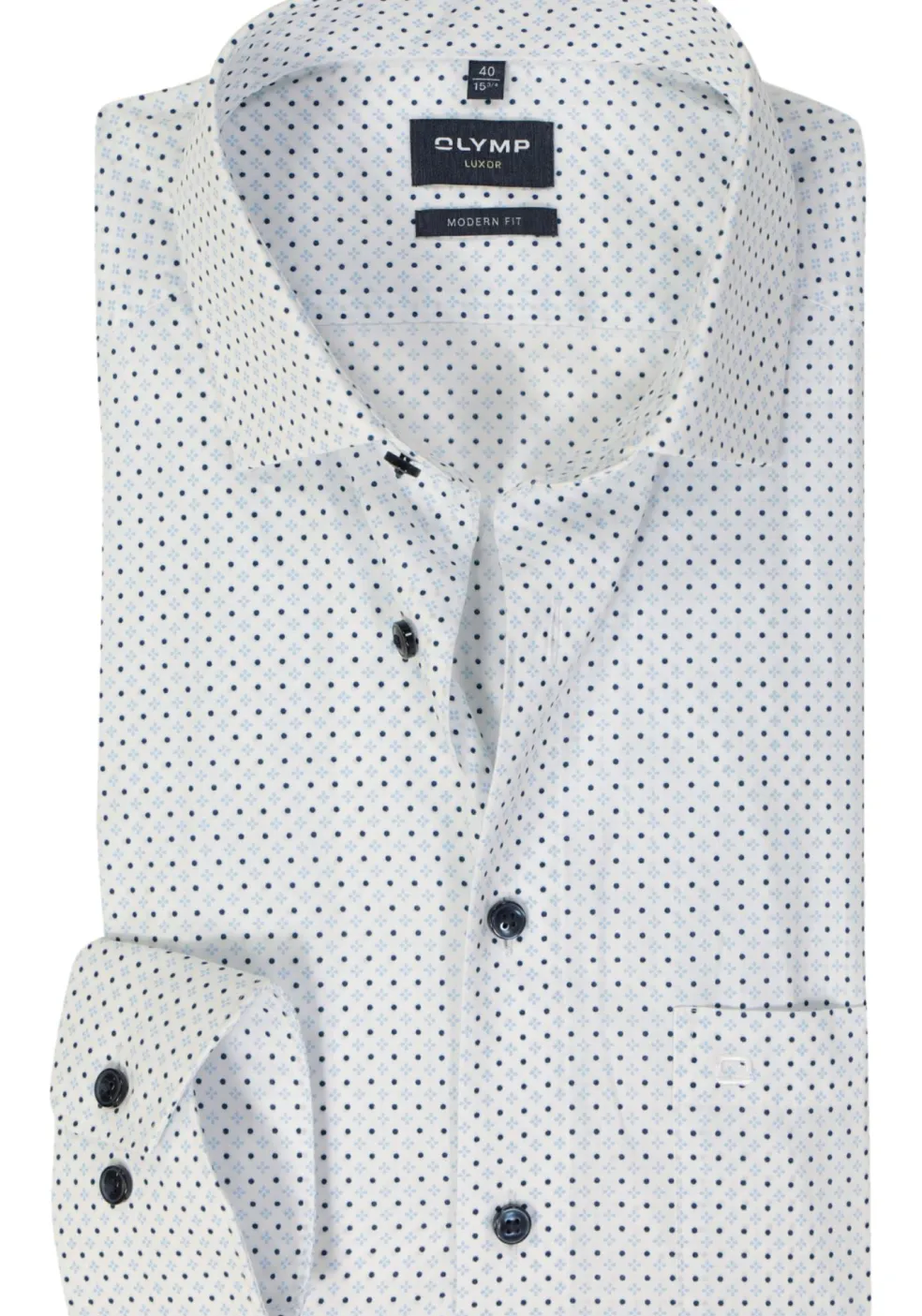 OLYMP modern fit overhemd, mouwlengte 7, popeline, wit met licht- en donkerblauw dessin