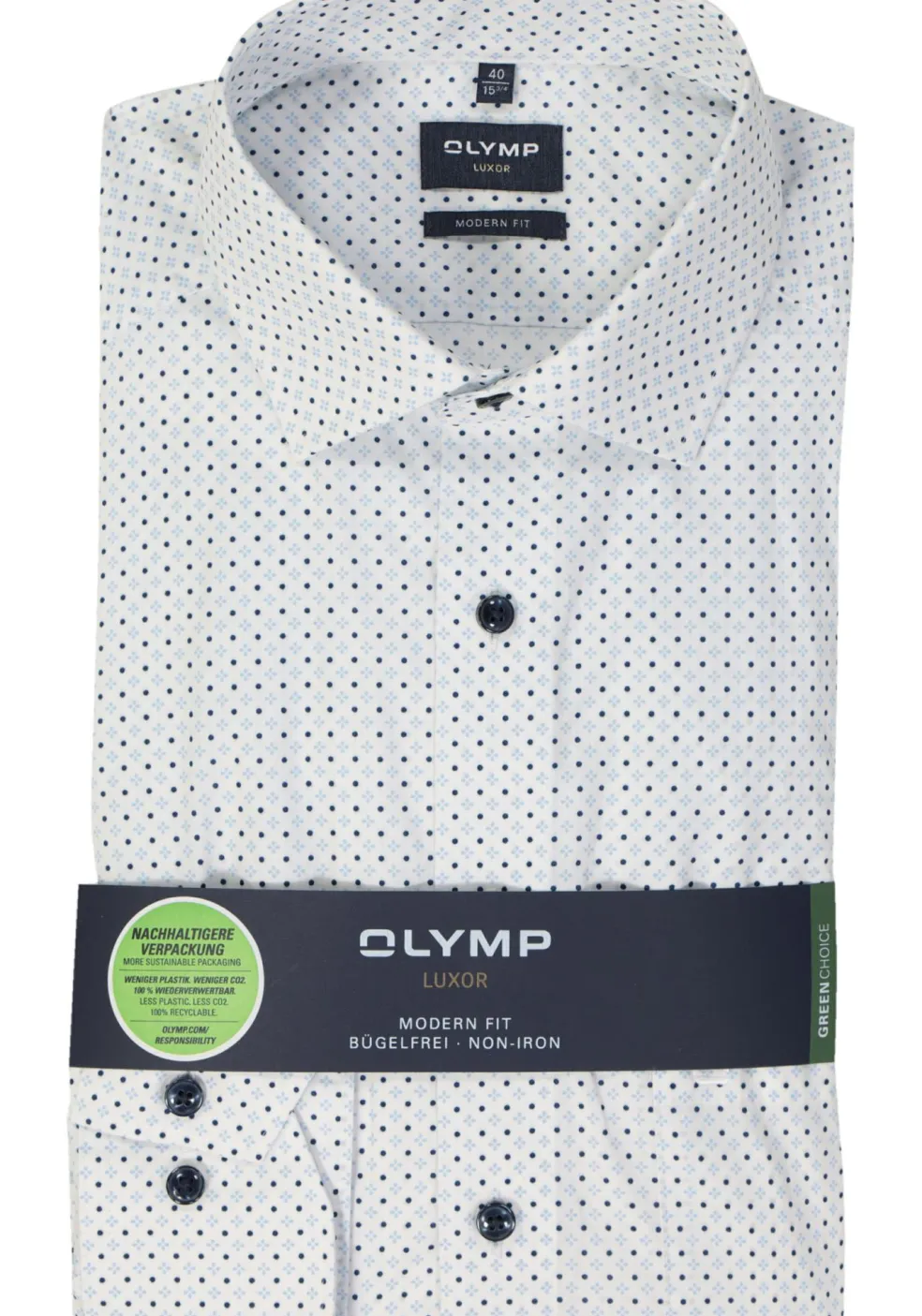 OLYMP modern fit overhemd, mouwlengte 7, popeline, wit met licht- en donkerblauw dessin