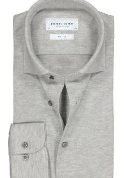 Profuomo slim fit jersey overhemd, knitted shirt pique, grijs melange