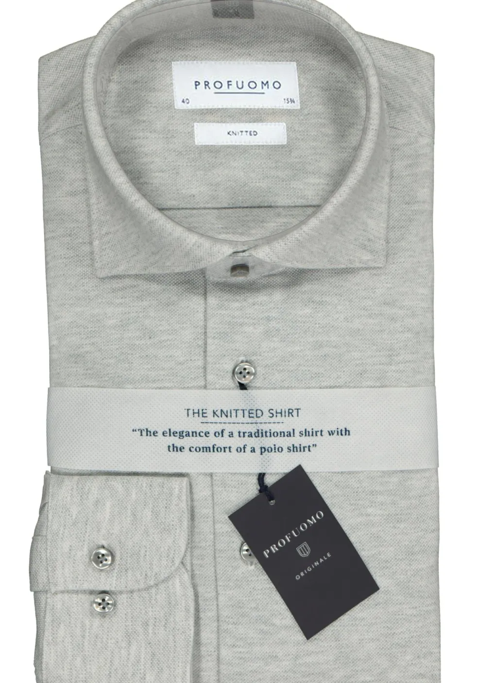 Profuomo slim fit jersey overhemd, knitted shirt pique, grijs melange