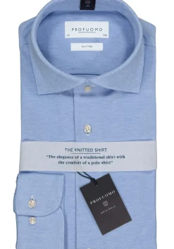 Profuomo slim fit jersey overhemd, knitted shirt pique, lichtblauw melange