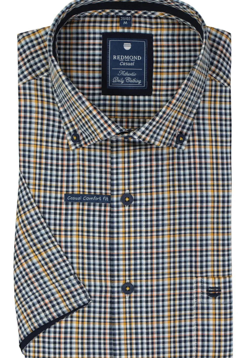 Redmond comfort fit overhemd, korte mouw, Oxford, blauw, wit en geel geruit