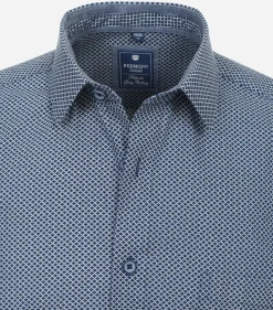 Redmond comfort fit overhemd, korte mouw, popeline, blauw met wit dessin