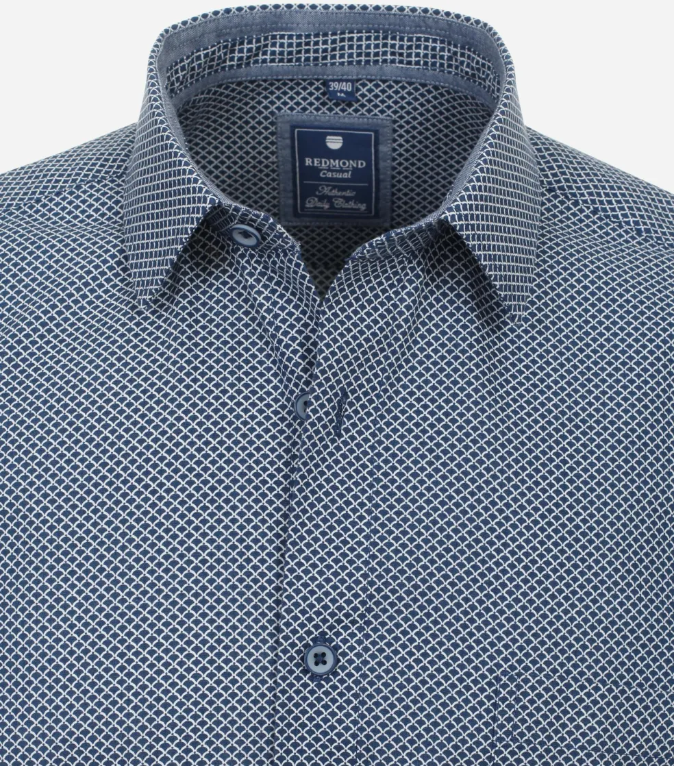 Redmond comfort fit overhemd, korte mouw, popeline, blauw met wit dessin