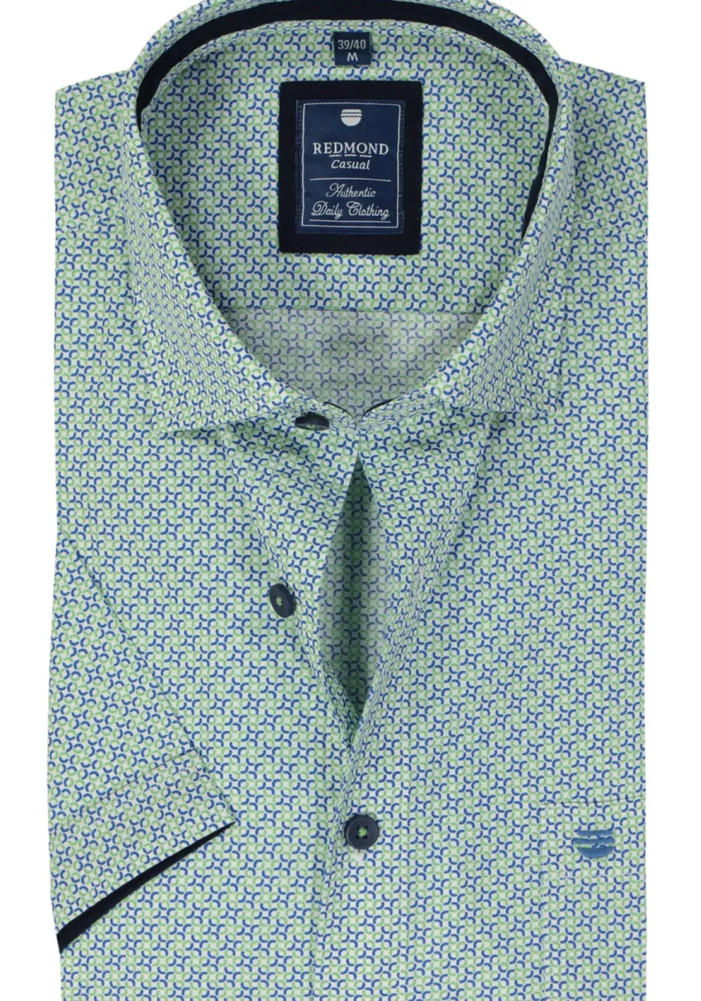 Redmond comfort fit overhemd, korte mouw, popeline, blauw met wit en groen dessin