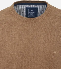 Redmond heren trui katoen, O-hals, camel (middeldik)