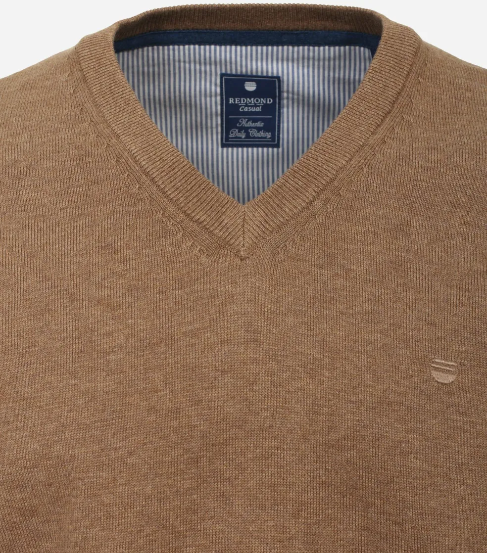 Redmond heren trui katoen, V-hals, camel (middeldik)