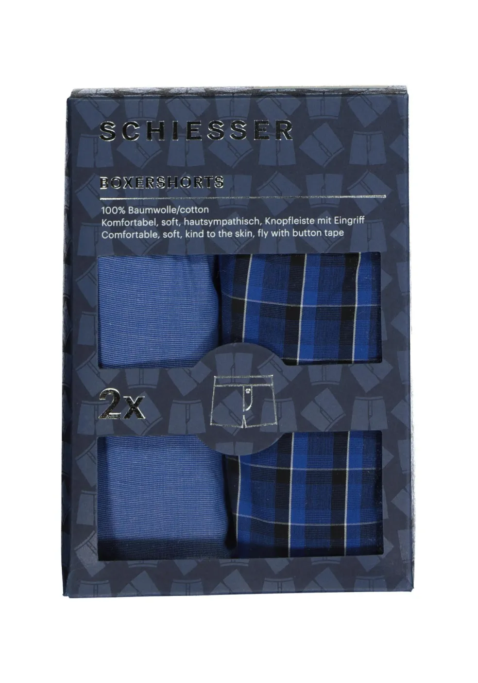 SCHIESSER Cotton Essentials boxershorts wijd (2-pack), klassiek katoen, blauw en geruit
