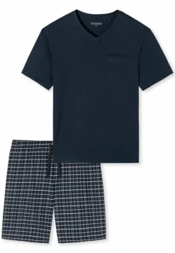 SCHIESSER Ebony shortamaset, heren shortama jersey v-hals, blauw