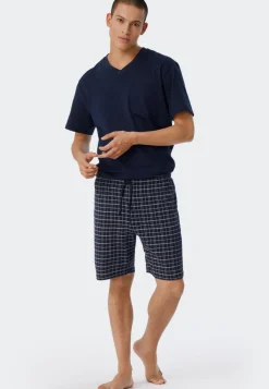 SCHIESSER Ebony shortamaset, heren shortama jersey v-hals, blauw