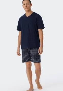 SCHIESSER Ebony shortamaset, heren shortama jersey v-hals, blauw