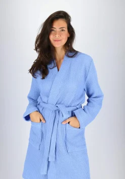 SCHIESSER Essentials badjas, dames badjas wafelpique blauw