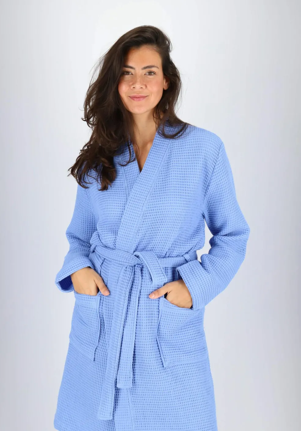 SCHIESSER Essentials badjas, dames badjas wafelpique blauw