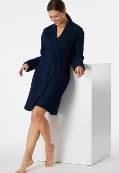 SCHIESSER Essentials badjas, dames badjas wafelpique donkerblauw