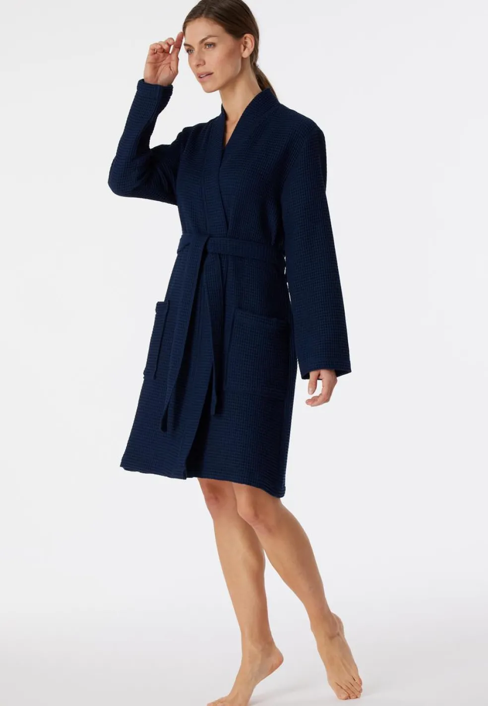 SCHIESSER Essentials badjas, dames badjas wafelpique donkerblauw