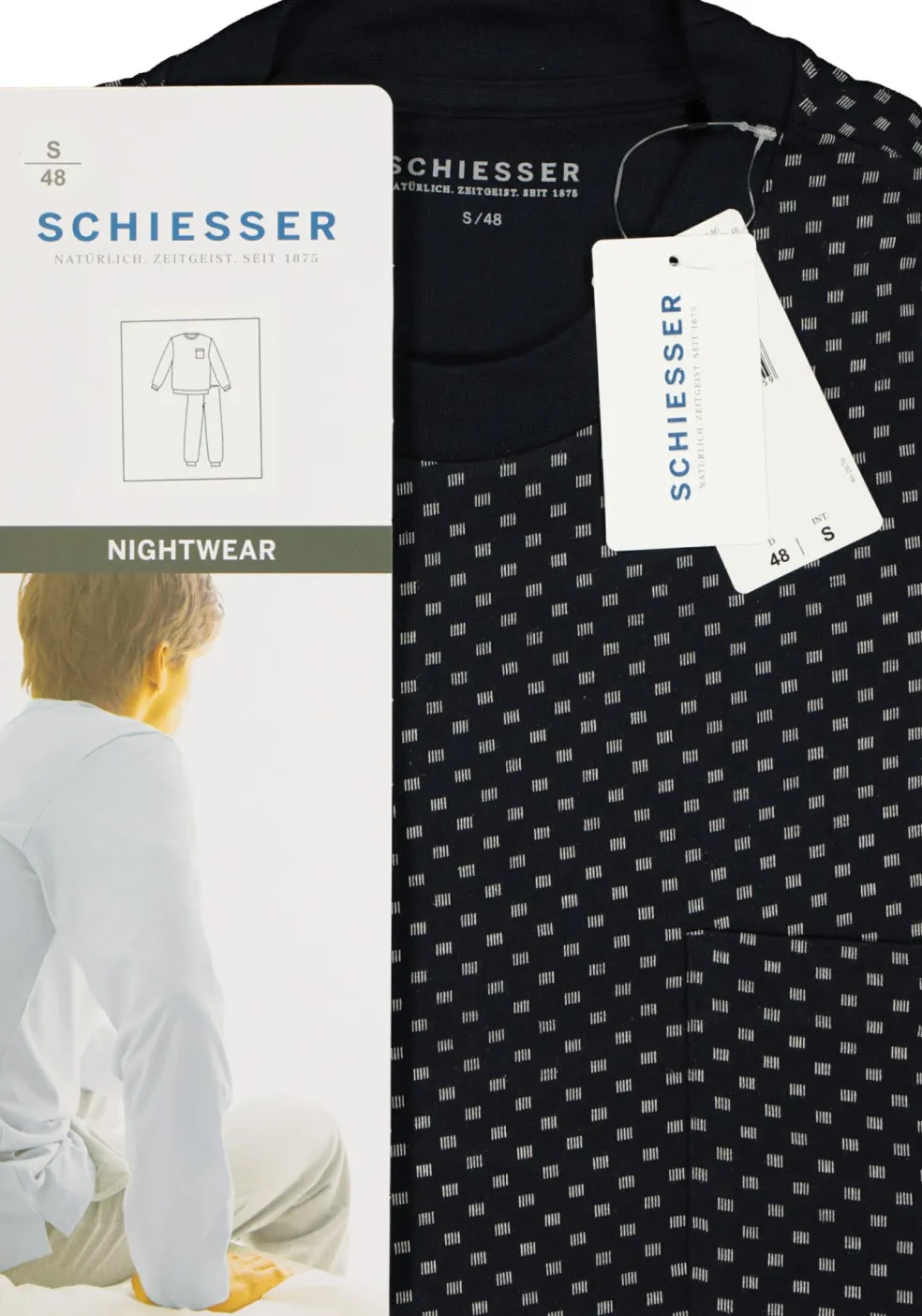 SCHIESSER heren pyjama, O-hals, blauw met wit dessin