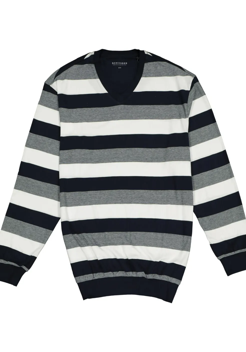 SCHIESSER heren pyjama, V-hals, blauw met wit en grijs gestreept