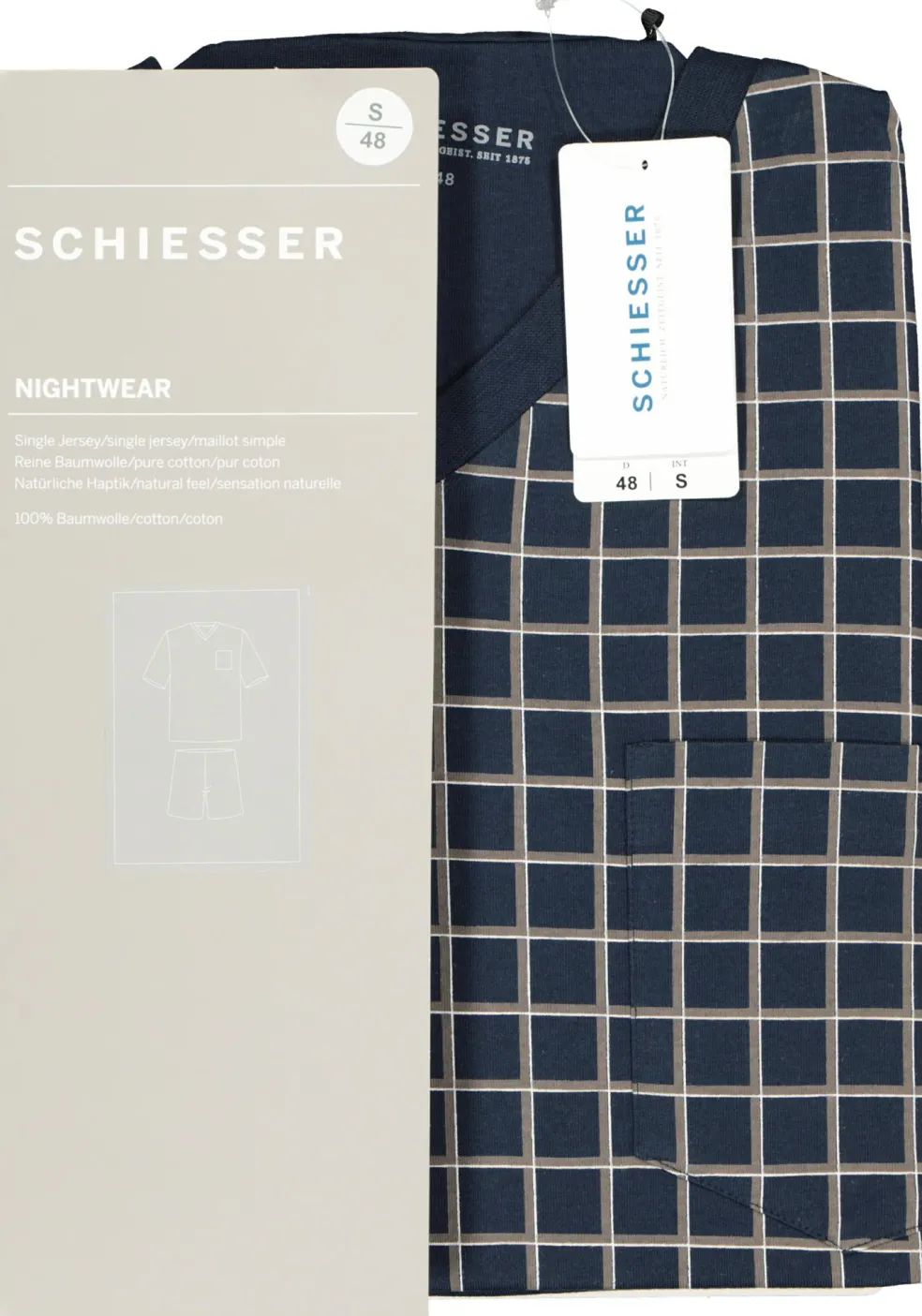 SCHIESSER heren shortama, V-hals, blauw met wit geruit