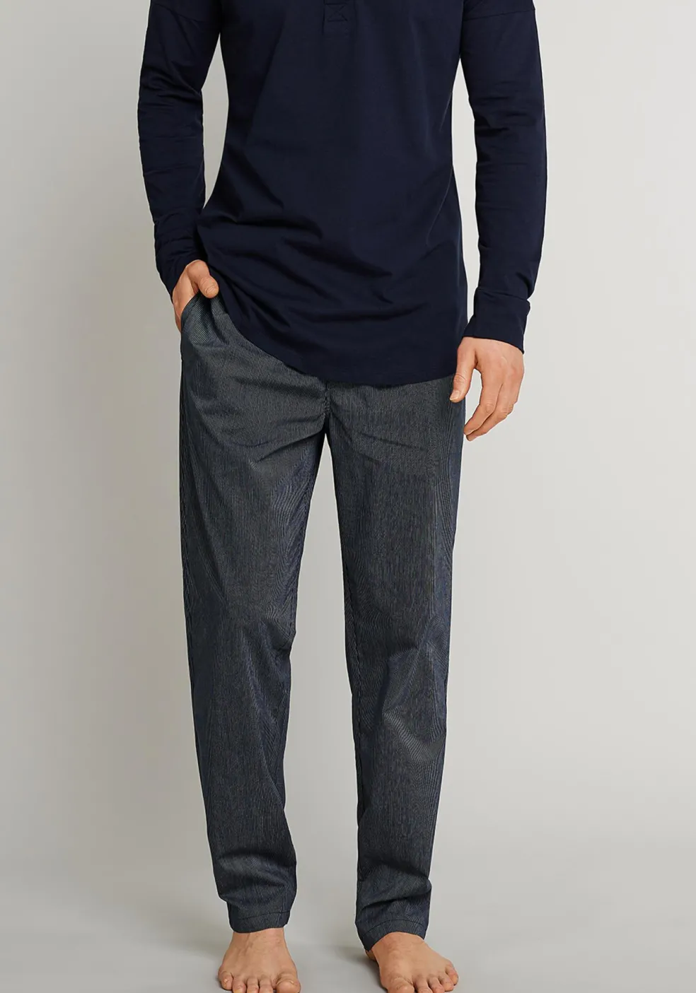SCHIESSER Mix+Relax lounge broek, lange pijpen, dun niet elastisch, blauw fijn gestreept