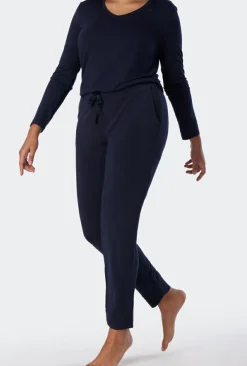 SCHIESSER Mix+Relax loungebroek lang, dames loungebroek lang modal boordjes blauw