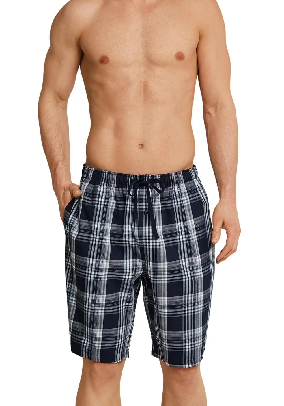 SCHIESSER Mix+Relax lounge broek, korte pijpen, dun niet elastisch, blauw geruit