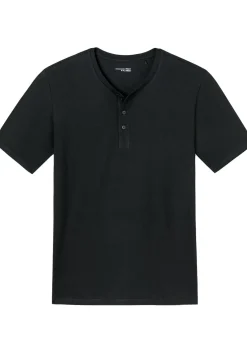 SCHIESSER Mix+Relax T-shirt, korte mouw O-hals met knoopjes, zwart