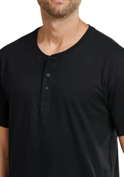SCHIESSER Mix+Relax T-shirt, korte mouw O-hals met knoopjes, zwart