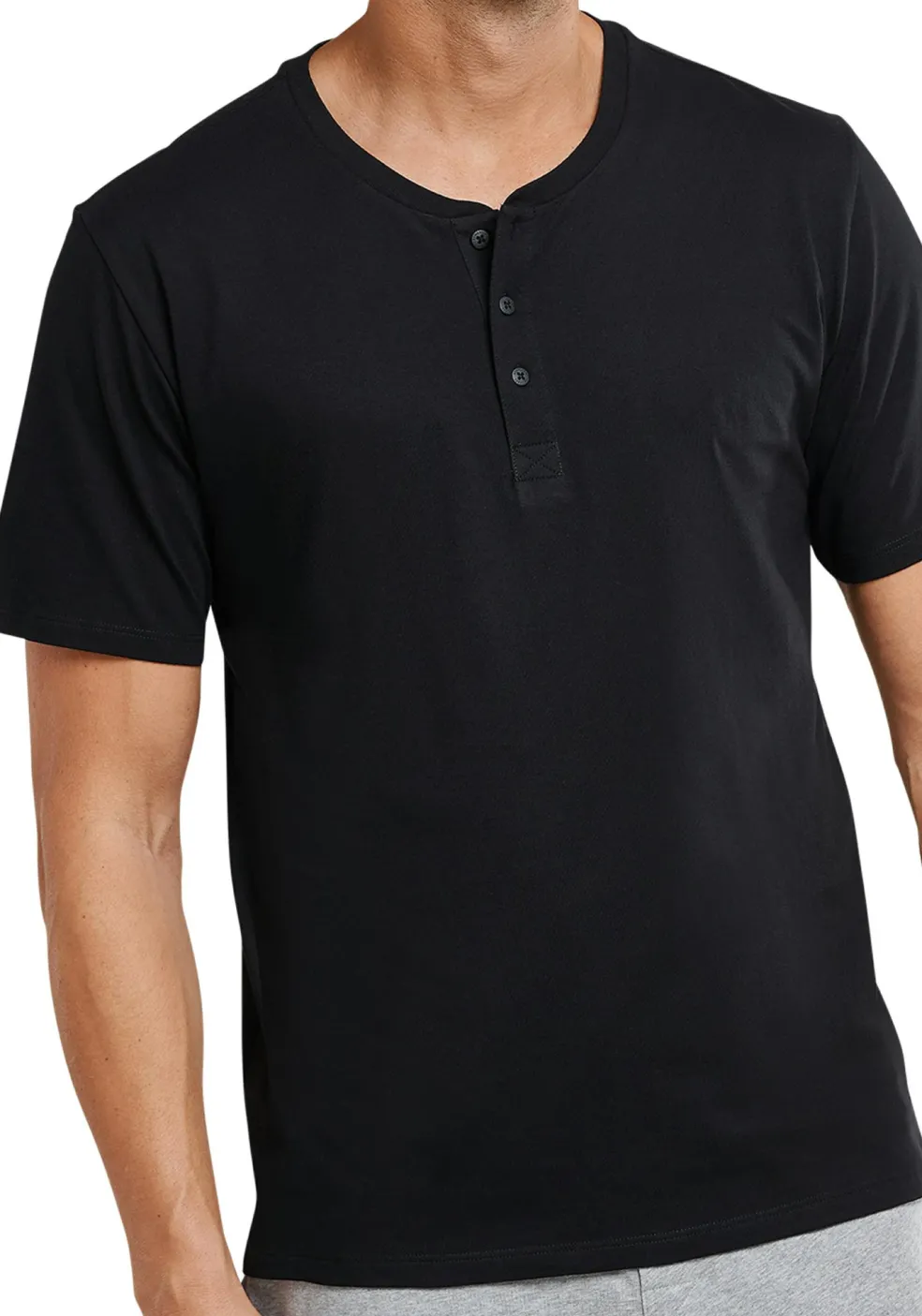 SCHIESSER Mix+Relax T-shirt, korte mouw O-hals met knoopjes, zwart