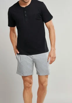 SCHIESSER Mix+Relax T-shirt, korte mouw O-hals met knoopjes, zwart