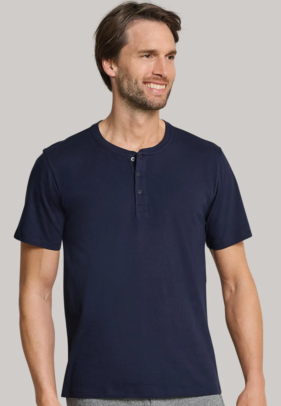 SCHIESSER Mix+Relax T-shirt, korte mouw, O-hals met knoopsluiting, blauw