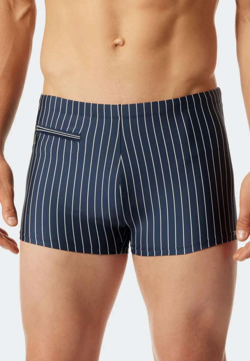 SCHIESSER Nautical Casual heren badkleding, zwembroek in retrostijl met zakje met ritssluiting, tricot gerecycled strepen admiraalblauw