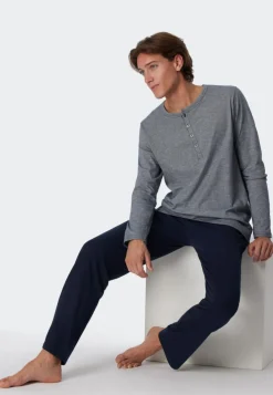 SCHIESSER selected! premium pyjamaset, heren pyjama lang met knoopjes, blauw met wit gestreept