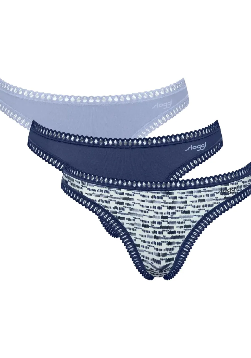 Sloggi Women GO Crush String (3-pack), dames string, lichtblauw, donkerblauw, print