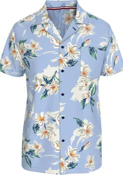 Tommy Hilfiger Bowling Shirt Regular Fit, korte mouw, popeline, lichtblauw met bloemen dessin