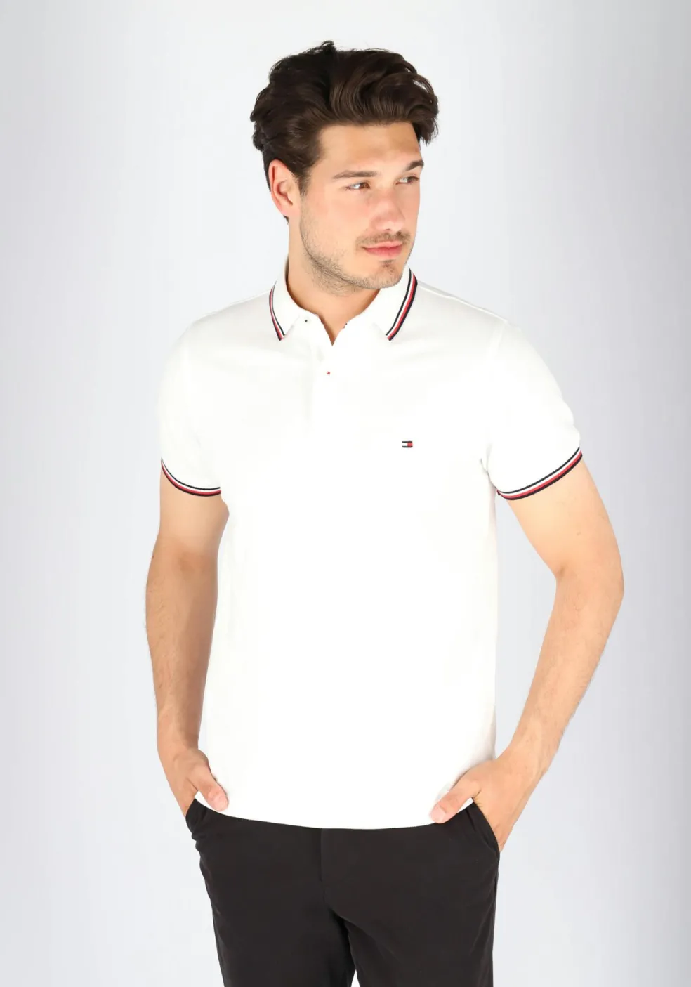 Tommy Hilfiger Core slim fit polo, heren polo met contrastbiezen, wit