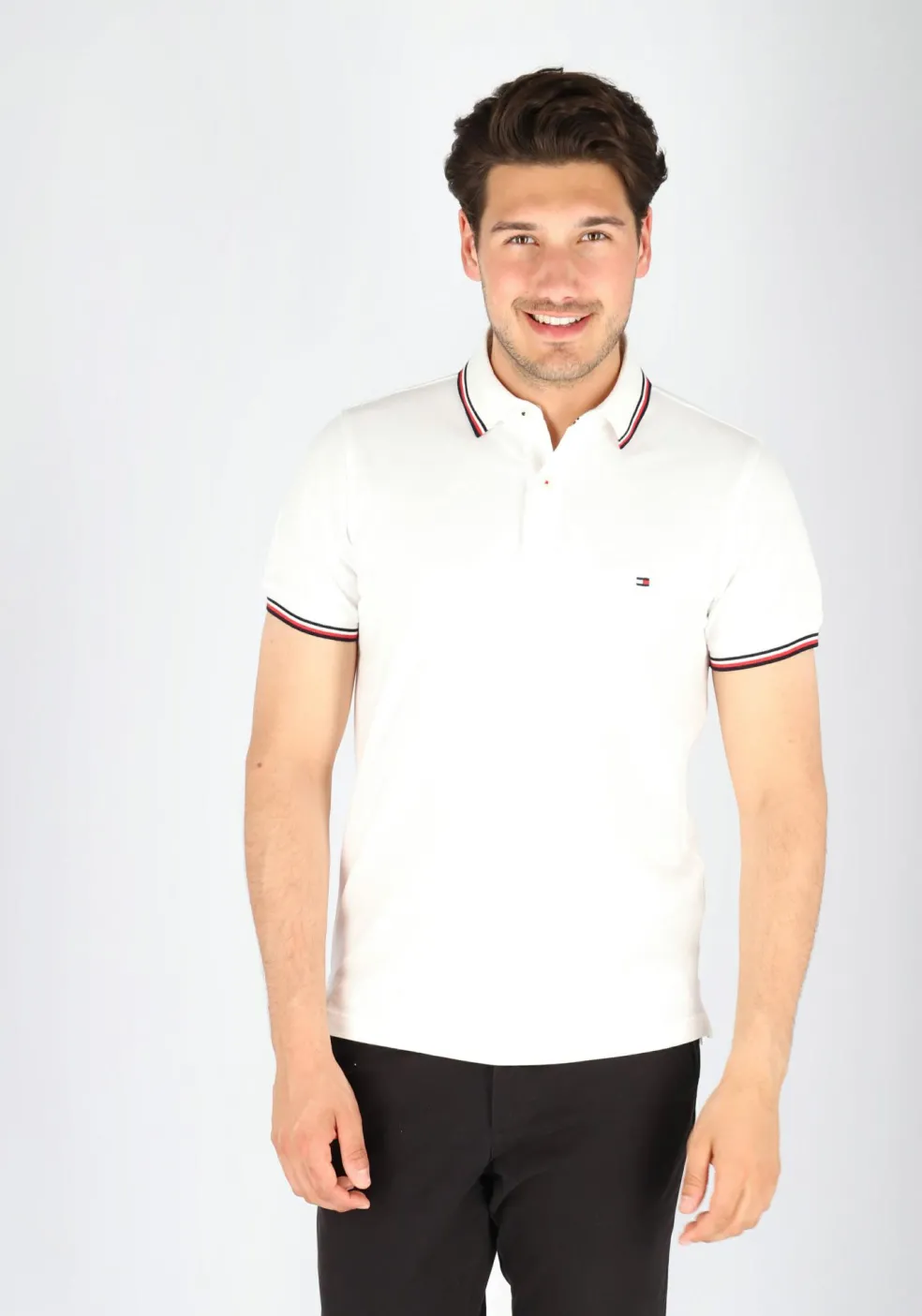 Tommy Hilfiger Core slim fit polo, heren polo met contrastbiezen, wit