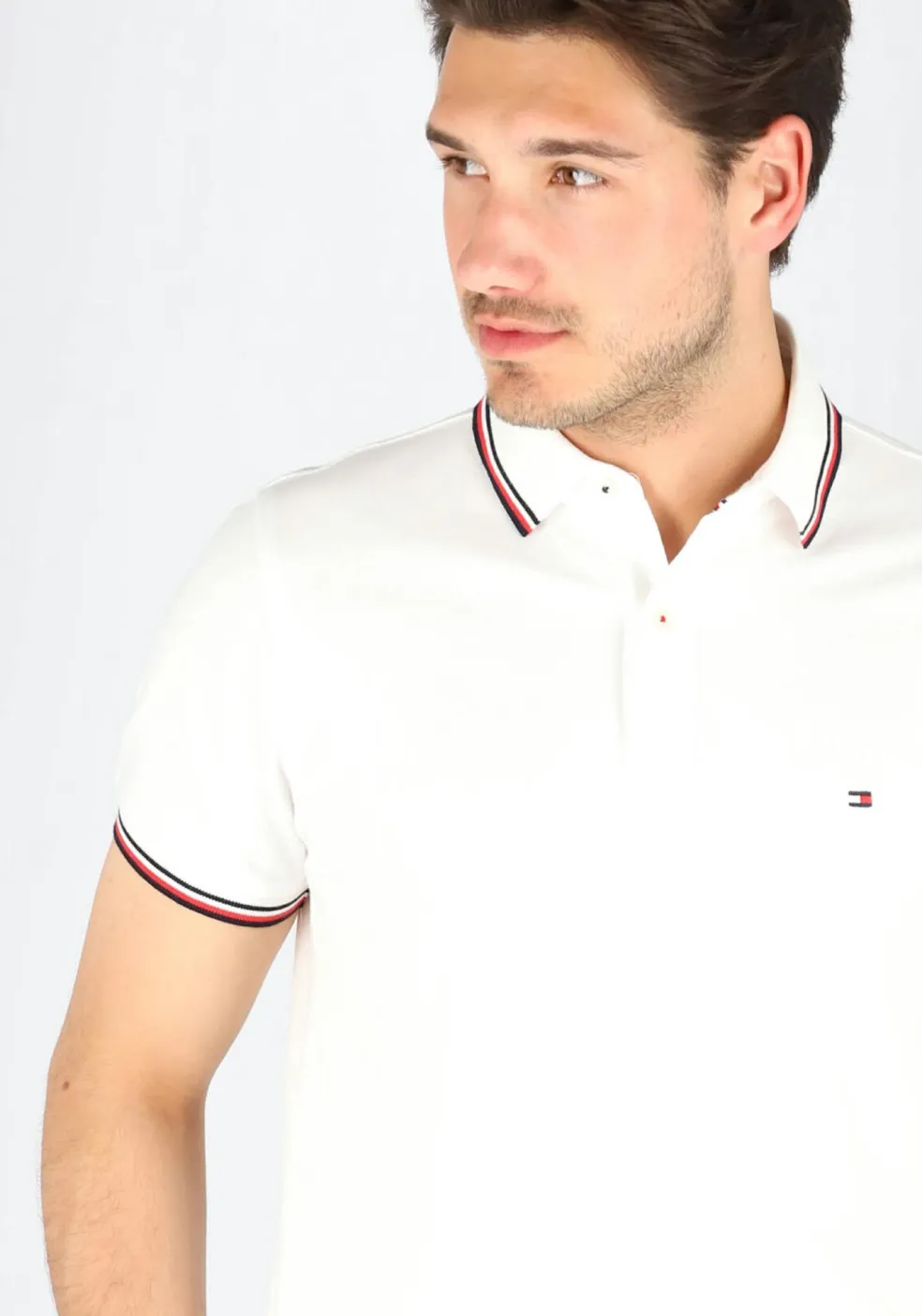Tommy Hilfiger Core slim fit polo, heren polo met contrastbiezen, wit