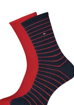 Tommy Hilfiger damessokken Small Stripe (2-pack), uni en gestreept katoen, rood met blauw