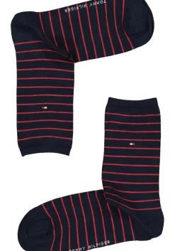 Tommy Hilfiger damessokken Small Stripe (2-pack), uni en gestreept katoen, rood met blauw
